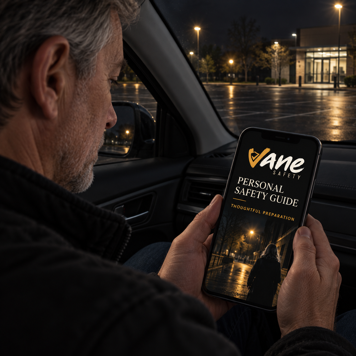 Illustrative scene of a man reviewing the VANE guide on a phone in a stationary parked car at night. Concept ebook design.
