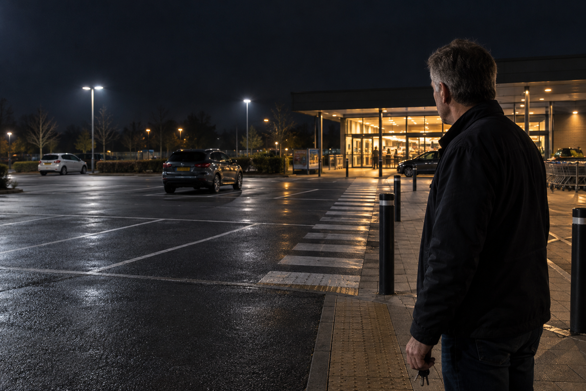 Illustrative scene of a man looking across a quiet car park at night.