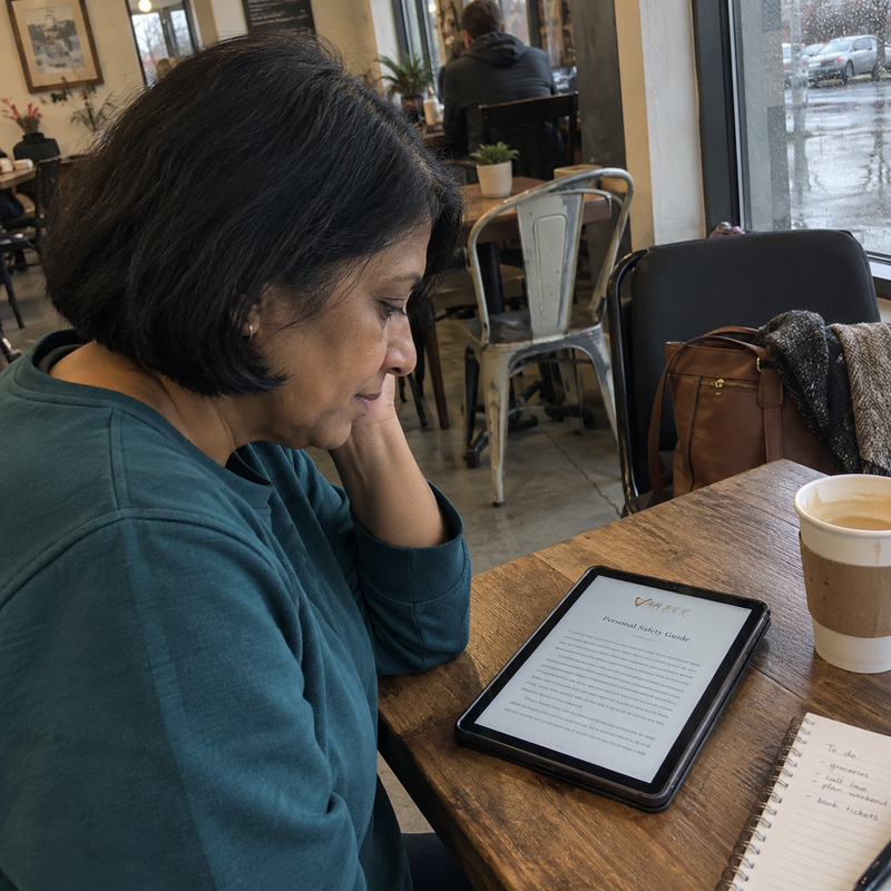 AI-generated demo illustration 3: fictional adult reading the VANE digital guide. Not a customer photograph; concept ebook page.