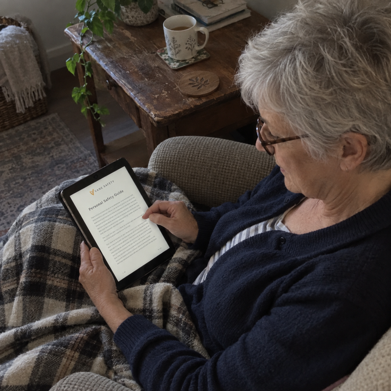 AI-generated demo illustration 5: fictional adult reading the VANE digital guide. Not a customer photograph; concept ebook page.
