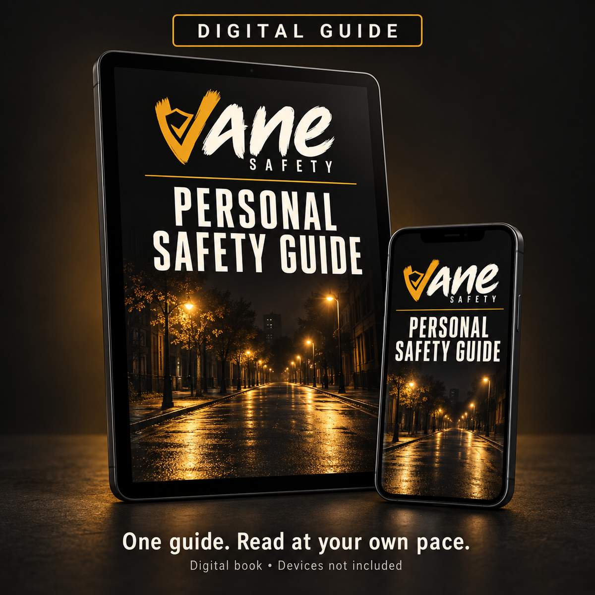 VANE Personal Safety Guide digital book shown on a tablet and phone. Devices are not included.