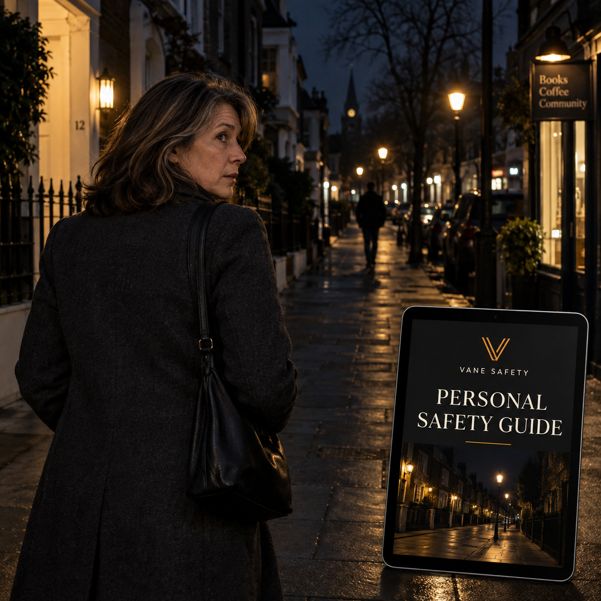 Illustrative night street scene with a woman looking back and a concept cover of the VANE Safety digital guide.