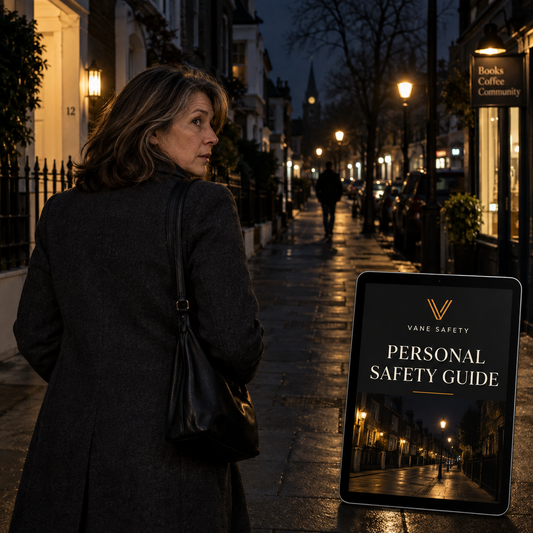 VANE Personal Safety Guide concept cover with an illustrative night street scene. Digital guide; device not included.
