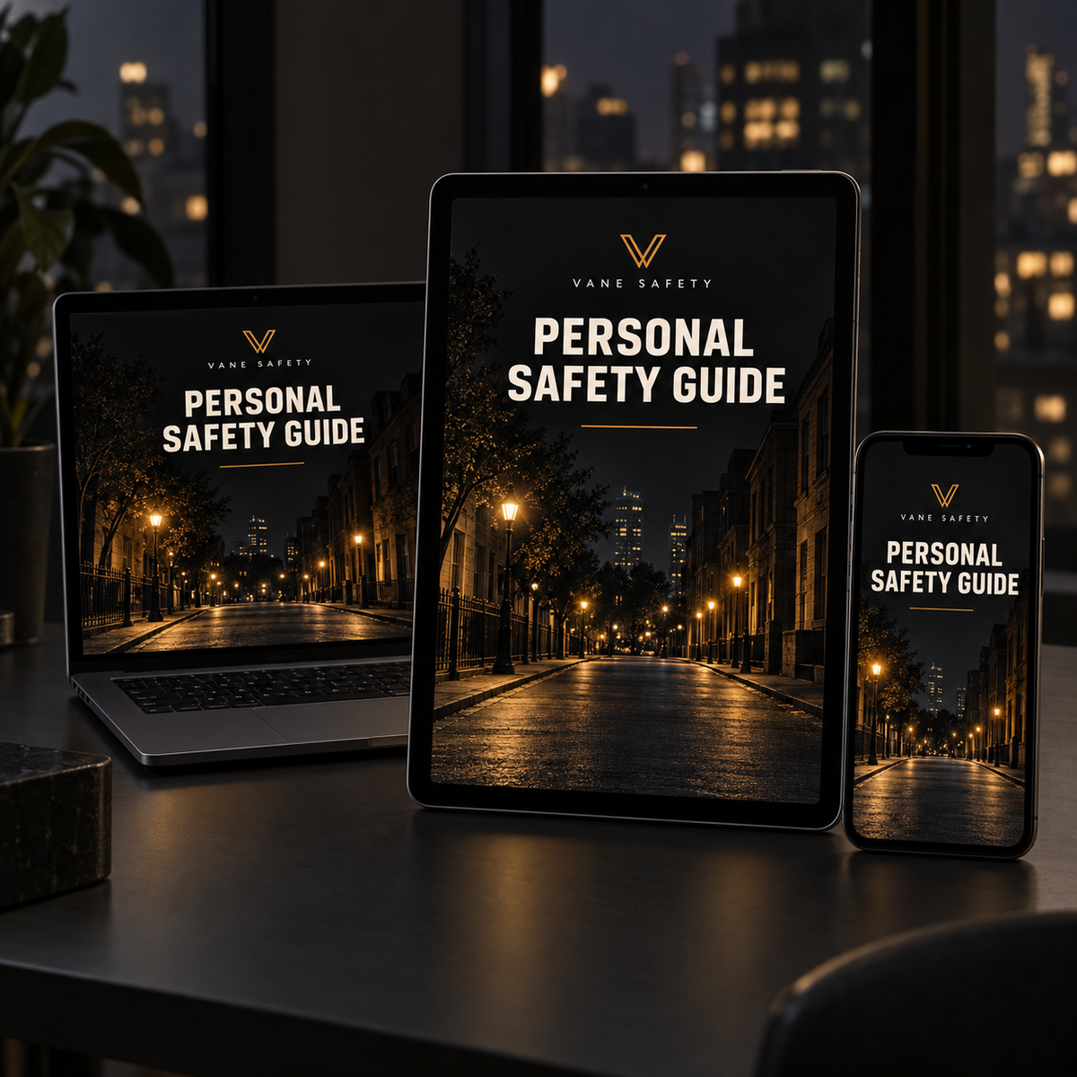 Concept VANE Personal Safety Guide cover shown on a laptop, tablet and phone. Devices are not included.
