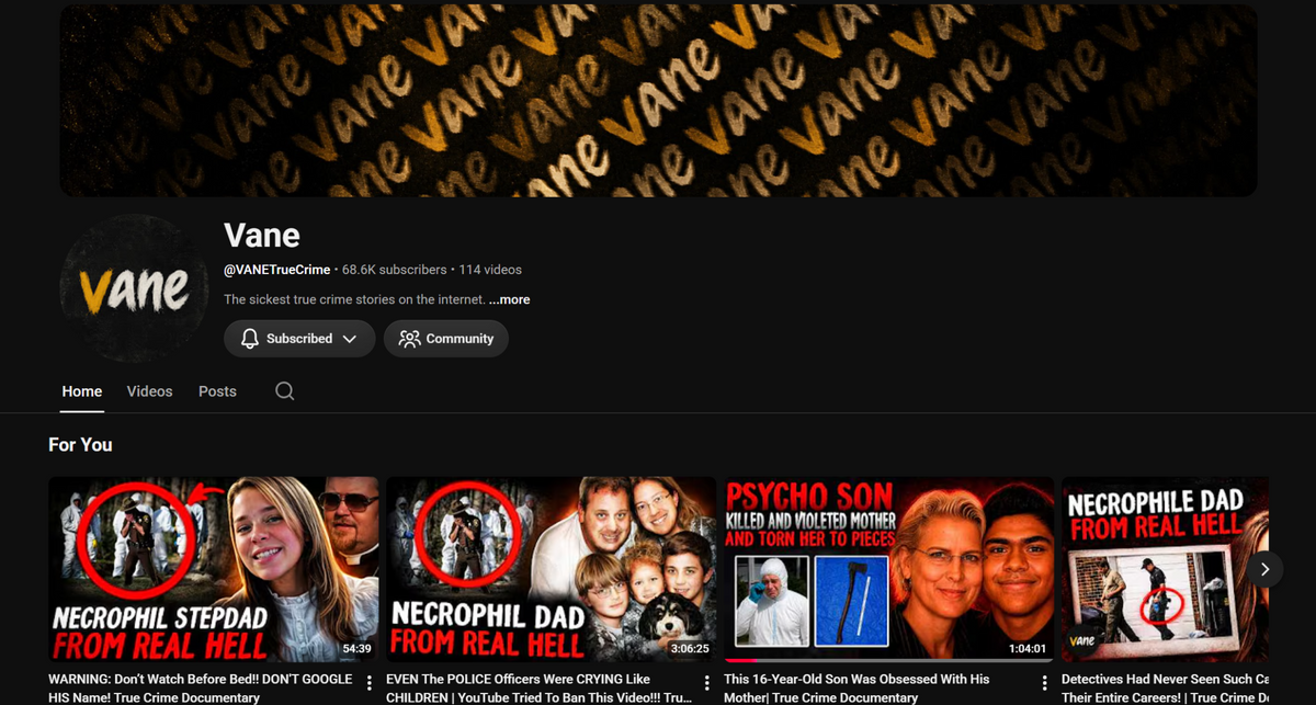 VANE True Crime YouTube channel, @VANETrueCrime.